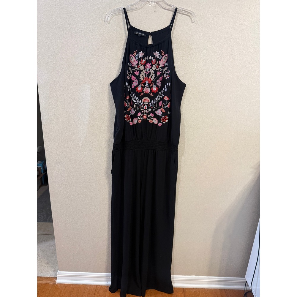INC International Concepts Black Floral Embroidered Halter Wide Leg Jumpsuit XL